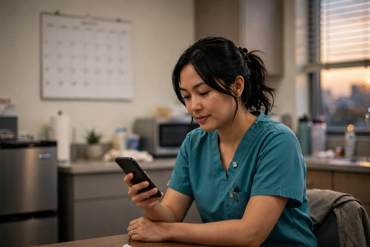 Nurse checking her phone in a hospital break room with a wall calendar behind her