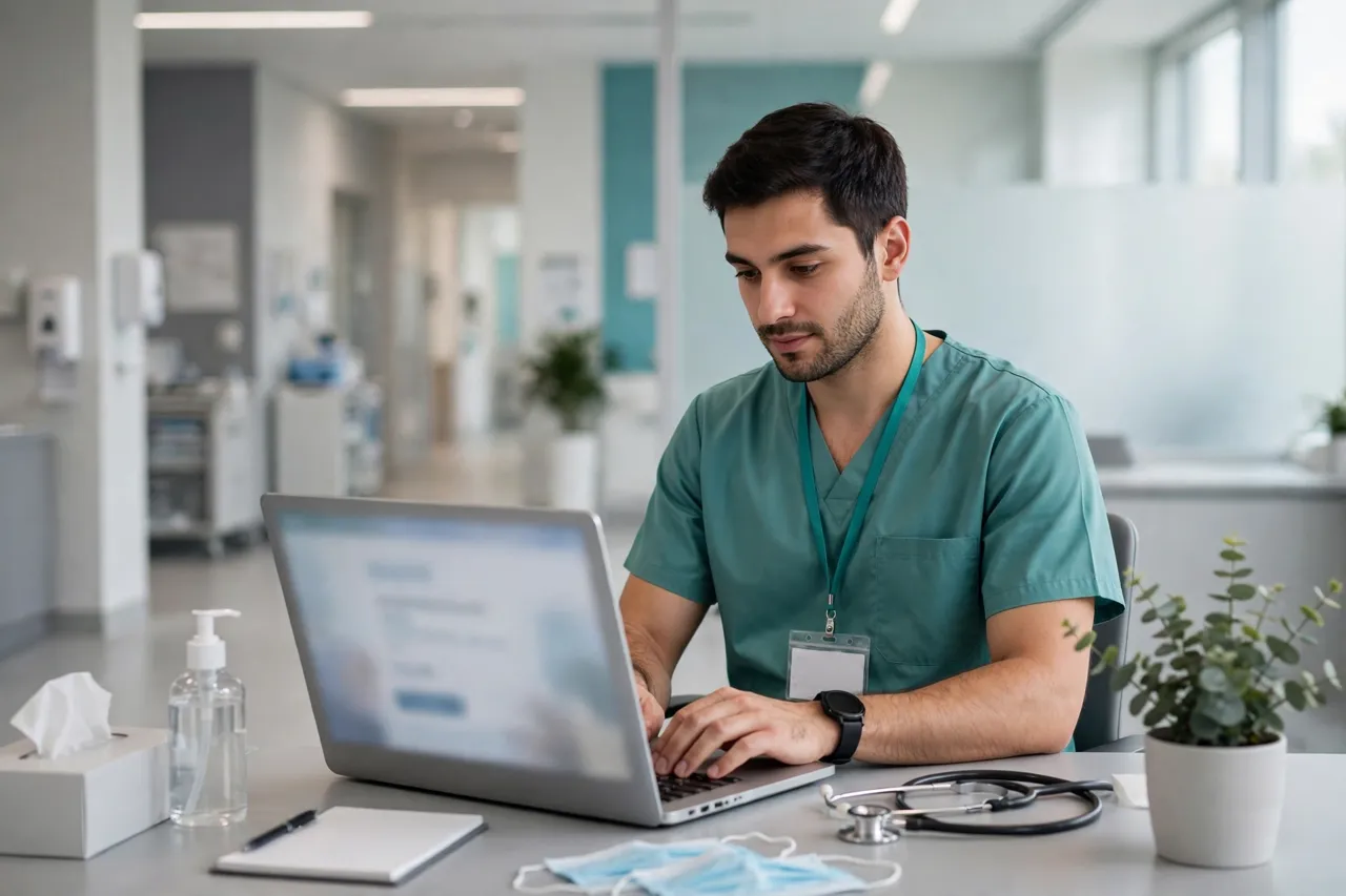 Healthcare worker signing in to Smart Square on a laptop