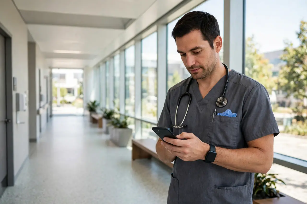 Penn State Health worker checking his schedule on a phone