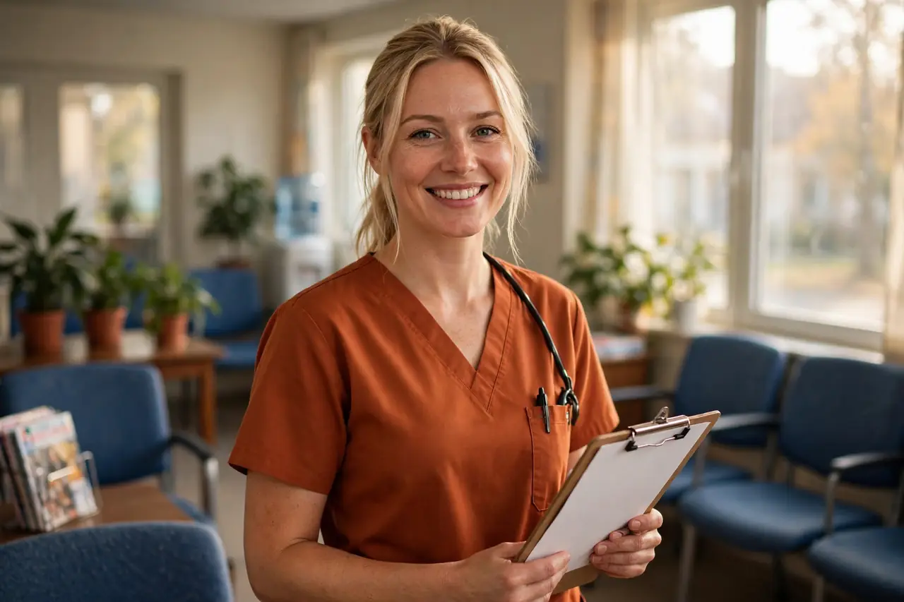 ThedaCare nurse holding a clipboard in a waiting area
