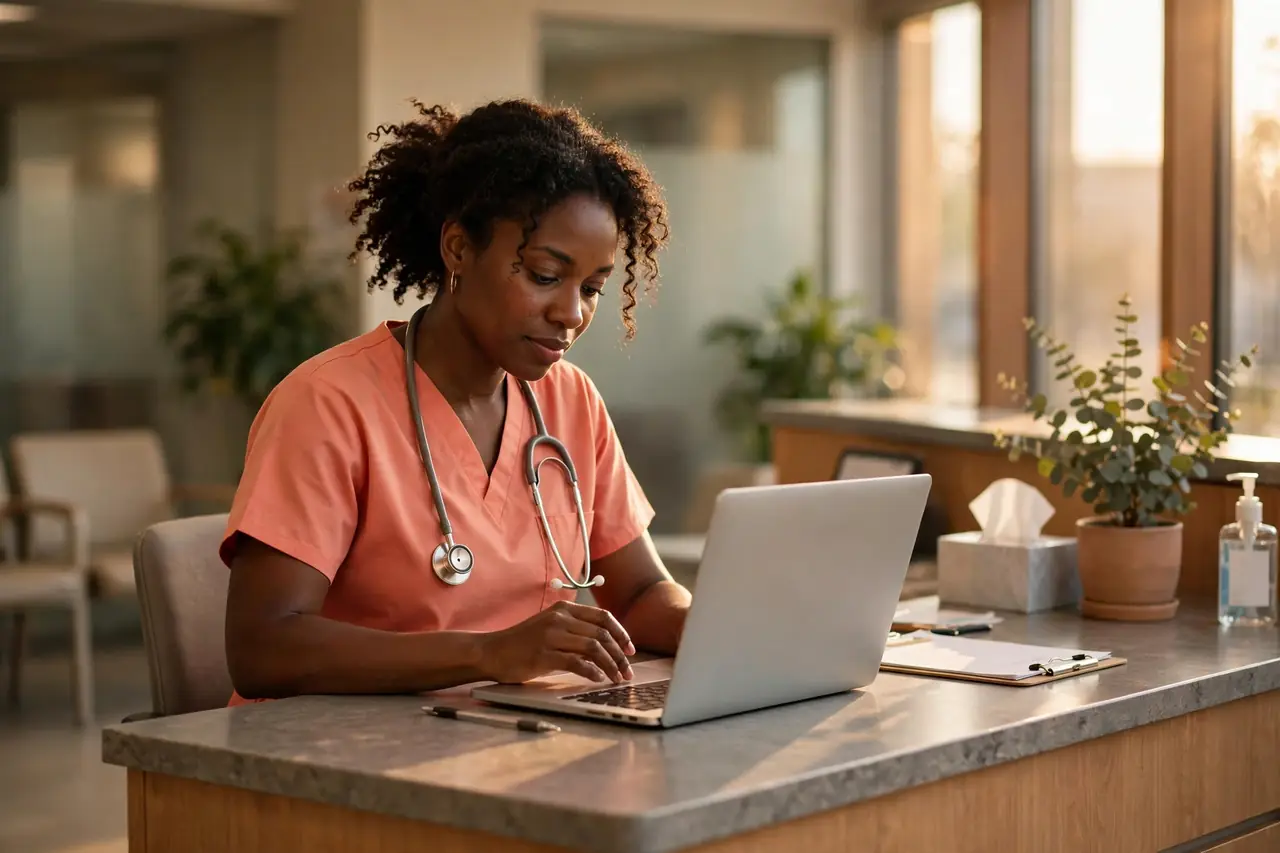 Wellstar nurse signing in to Smart Square on a laptop